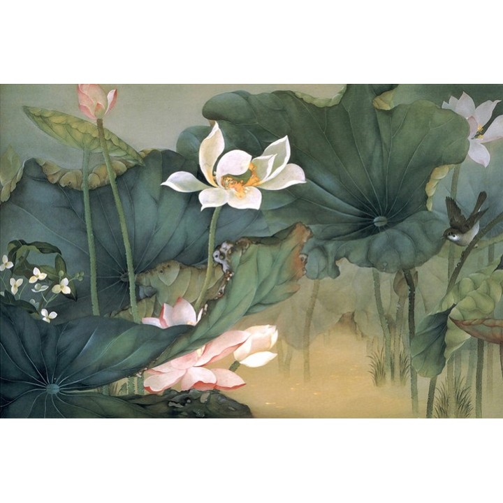 Peinture aquarelle zen - Les lotus et l'oiseau