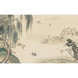 Tapisserie paysage asiatique - Le saule pleureur et le pêcher en printemps