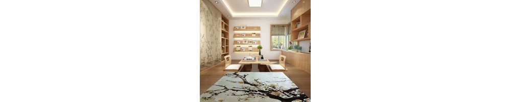 Tapis Luxe en Laine Style Japonais Fait Main Fleur Oiseau Zen