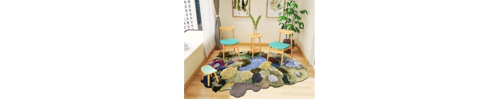 Tapis 3D en laine sculpté paysage pelouse arbre rivière fleur