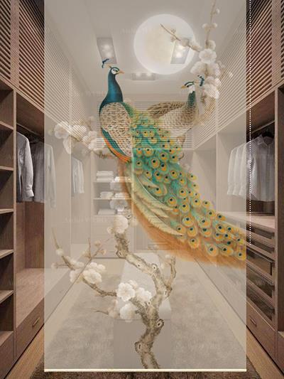 Décoration intérieure dressing chambre suite boutique prêt-à-porte cloison japonaise toile paravent séparation légère motif fleurs et oiseaux paon lune ronde