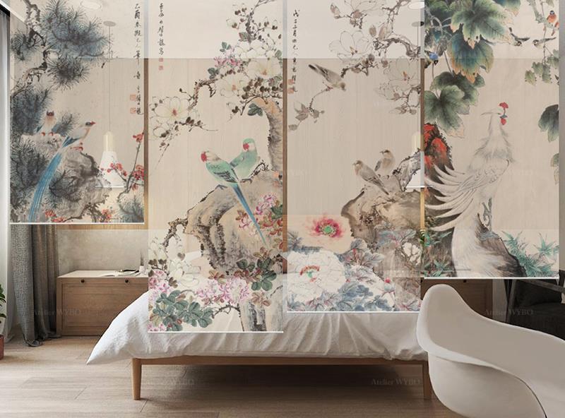 Rideau de séparation chambre à coucher toile semi-transparente motif fleurs et oiseaux reproduction peinture asiatique phénix blanc oiseaux paille-en queue perroqeut