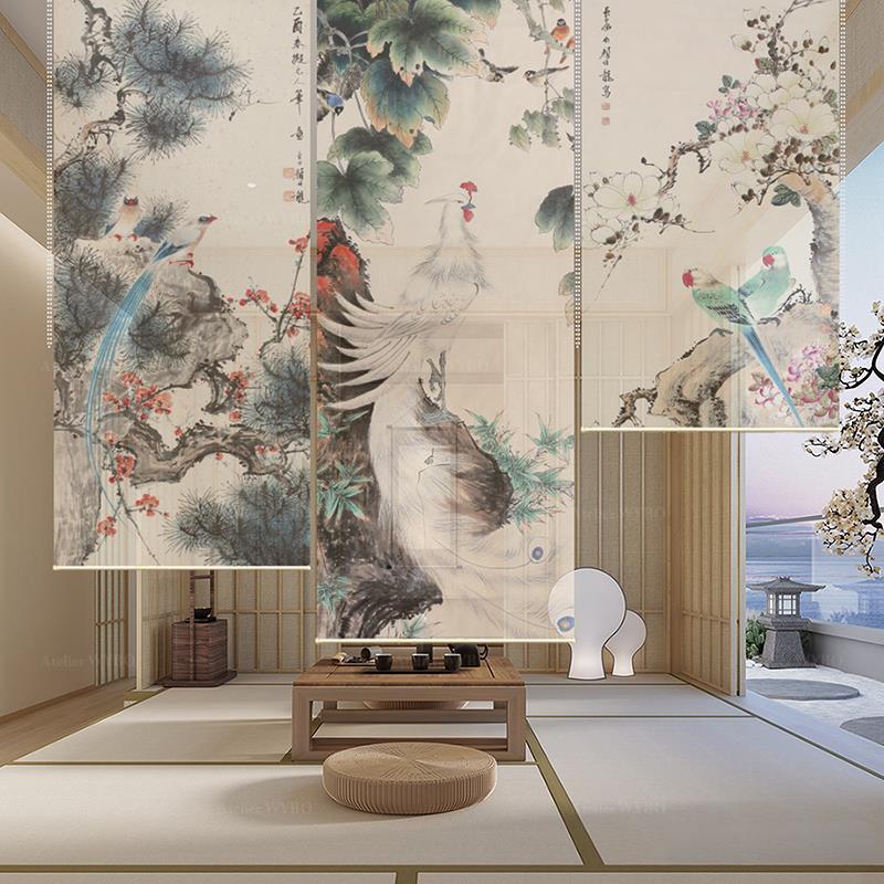 Relooking chambre japonaise zen tatami terrasse jardin sec,rideau suspendu hauteur réglable séparation d'espace chic toile transparente imprimée fleurs et oiseaux format personnalisé fabrication sur mesure