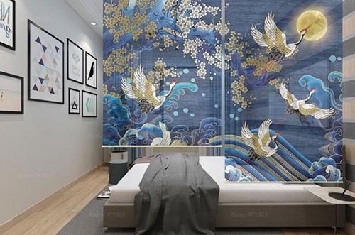rénovation villa appartement relooking chambre japonaise séparation amovible rideau enrouleur imprimé grue dorée cerisier poisson pleine lune fond bleu nuit