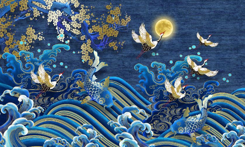 papier peint japonais sur mesure restaurant sushi fresque murale étanche salle à manger oiseaux mythiques et poissons, grues du japon et carpe dans la nuit bleue.