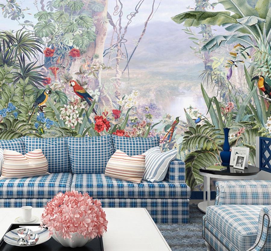 papier peint intissé salob paysage panoramique vintage tropical,tapisserie murale séjour jungle amazonie brouillard plantes fleurs perroquets toucans oiseaux exotiques.