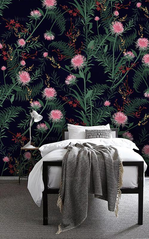 papier peint personnalisé tête de lit style campagne fleur rose et fougère fond noir,tapisserie murale design moderne chambre séjour dimensions sur mesure motif chardon sauvage