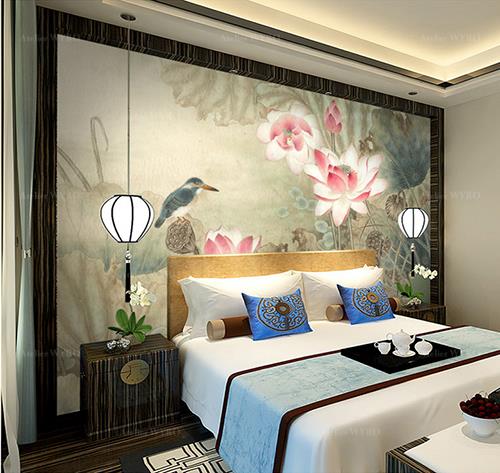 tête de lit panoramique design asiatique fleurs et oiseaux, lotus roses et l'oiseau d'eau plume bleu dans l'étang, matière élégante en fils de soie un seul tenant pose facile.