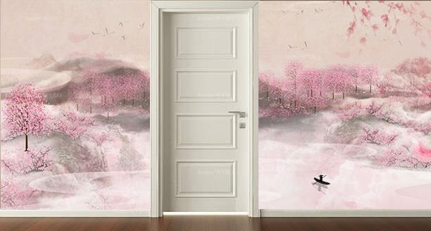 décoration murale sur mesure salon salle de séjour chambre tapisserie en soie couleur rose douce design asiatique zen paysage de printemps forêt de pêcher en floraison colline dans le brouillard pêcheur dans la rivière
