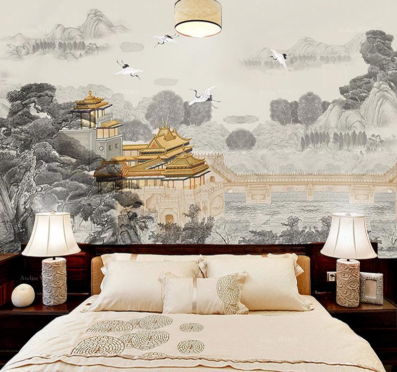 acheter tête de lit asiatique paysage panoramique ton gris temple japonais jaune doré matière haut de gamme en soie semi-satinée format personnalisé fabrication sur mesure