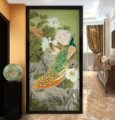 Réaliste Paon Oiseau magnifique fleurs tissu de coton Panel