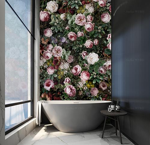 Déco tendance salle de bains florale pivoine rose jasmin violette,panneau mural décoratif personnalisé matière étanche en PVC souple avec couche d'usure solide, facile à installer et entretenir.