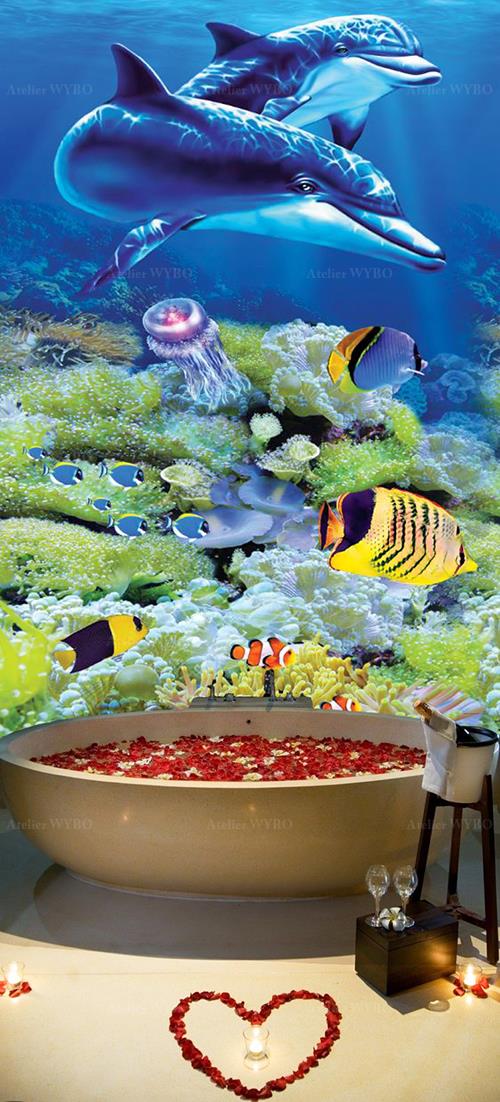 rénovation salle de bains remplacer carrelage de mur de baignoire par panneau mural étanche décoratif photoréaliste paysage fond marin dauphins coraux méduse poissons multicolores