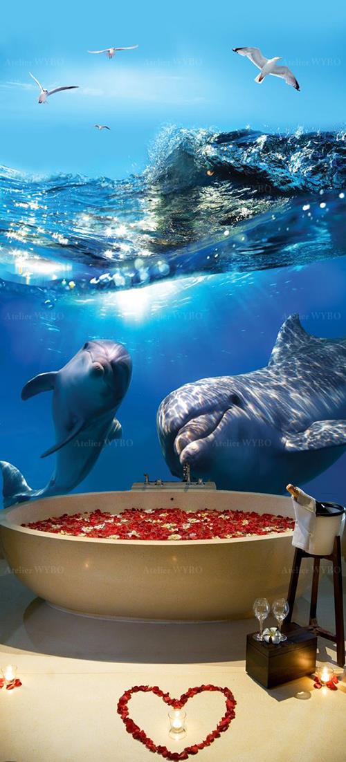 salle de bains romantique chambre d'hôtel panneau mural décoratif bleu océan habillage hydrofuge mur de baignoire paysge fond marin dauphins dans les vagues