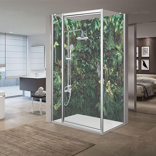idée déco salle de bains design végétal,habillage intérieur douche moderne lambris PVC photo imprimée haute définition plantes exotiques de la jungle format personnalisé découpe sur mesure