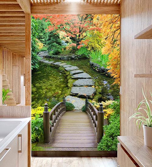 salle de bain design japonais panneau hydrofuge mur baignoire parois de douche paysage trompe l'œil 3D pas japonais dans l'étang pont en bois érable jardin paysagé