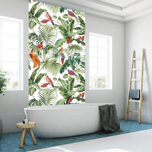 panneau jungle revêtement mural étanche salle de bains douche italienne mur baignoire lino mural solide avec couche d'usure transparent motif imprimé photo réaliste plantes tropicales et oiseaux exotiques fond blanc