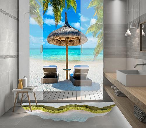 Déco salle de bains tendance style tropical panneau mural étanche décoratif photo imprimée paysage nature plage mer turquoise cocotier île maurice Seychelles Maldives,habillage mural photoréaliste pour parois de douche et murs de baignoire