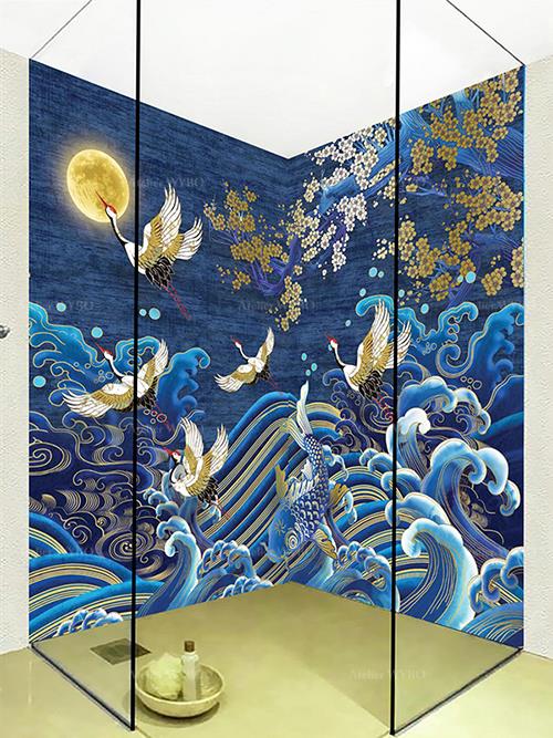 rénovation carrelage salle de bains douche italienne panneau japonais hydrofuge grue du japon fleur cerisier carpe vague dorée fond bleu,lino mural étanche avec couche d'usure habillage personnalisé paroi de douche et mur baignoire