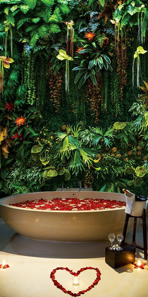 Décoration chambre suite hôtel 5 étoiles salle de bains romantique lune de miel panneau étanche décoratif mur de baignoire plantes luxuriantes de la jungle fougère bromelia