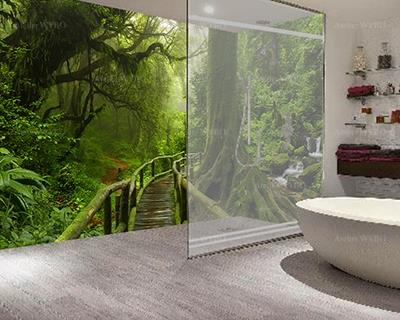 Lamris pvc photo imprimée HD habillage étanche décoratif cabine de douche paysage trompe l'œil 3d effet de profondeur pont en bois dans la forêt primaire végétation luxuriante