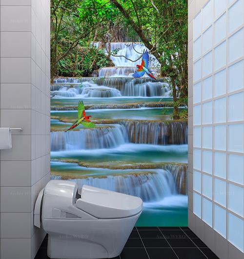Panneau mural étanche décoratif toilettes salle de bains prois de douche photo imprimée qualité HD paysage tropical oiseau exotique, matière solide avec couche d'usure protectrice transparente.