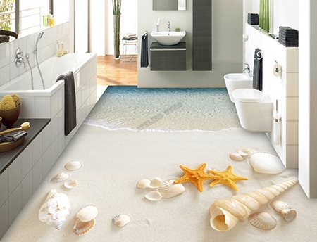 design 3d revêtement de sol trompe œil salle de bain cuisine les  coquillages sur sable blanc