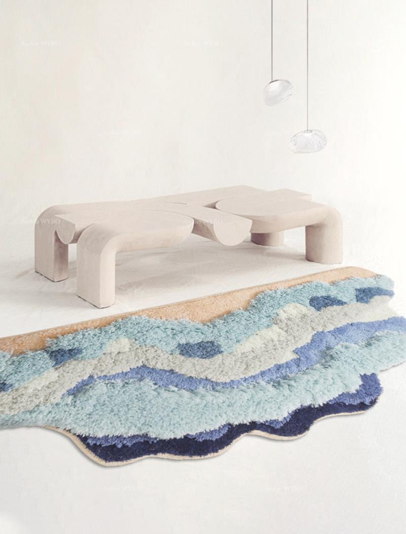 tapis bleu lavable salle de bain salon séjour chambre d'enfant forme de vague velours épais en relief.