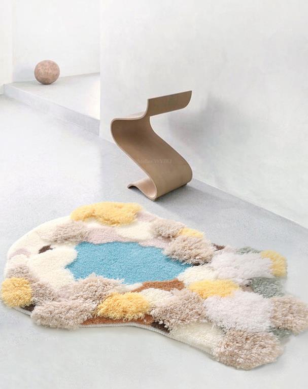 acheter tapis 3d lavable personnalisé chambre enfant salle de bains séjour salle à manger cuisine motif herbe jaune mousse lichen blanc sous bois d'automne lac bleu.