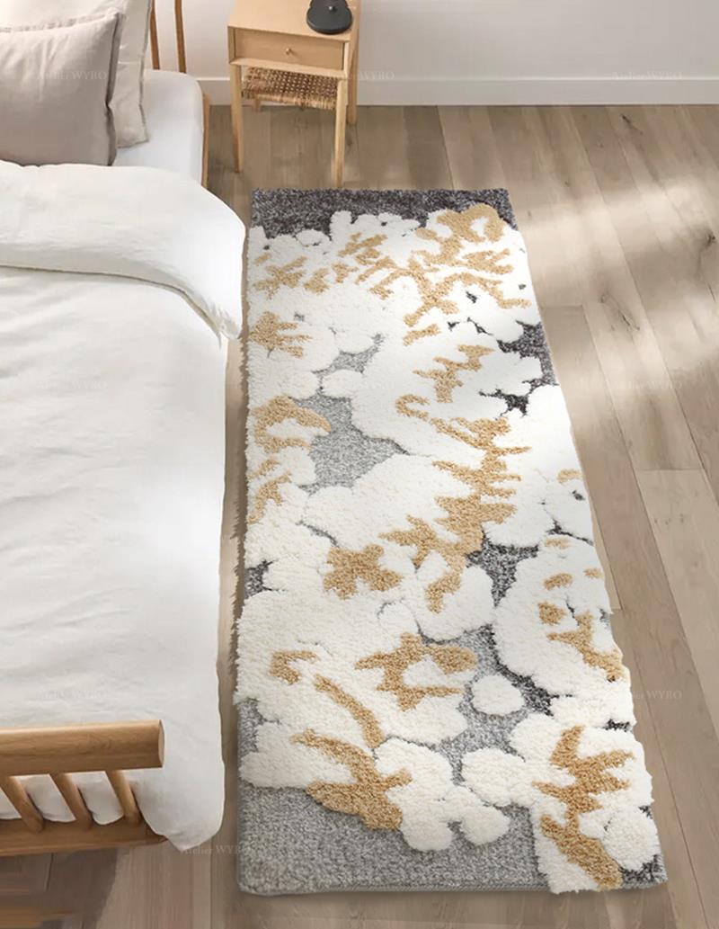 tapis épais lavable design contemporain bas relief mousse et lichen blanc et gris pour descente de lit et salle de bain.