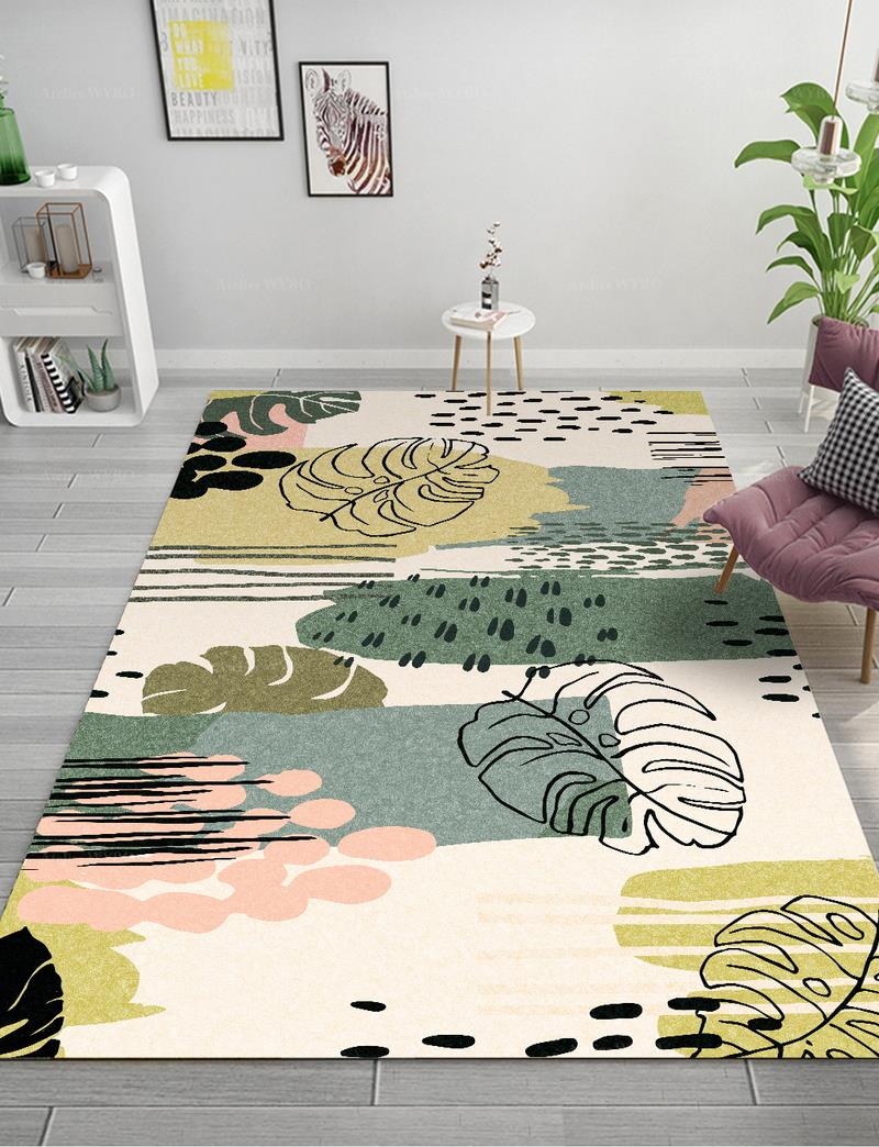tapis imprimé lavable personnalisé design tropical couleur légère feuilles de philodendron sur fond beige pour salon séjour salle d'attente chambre bureau et salle de bain.