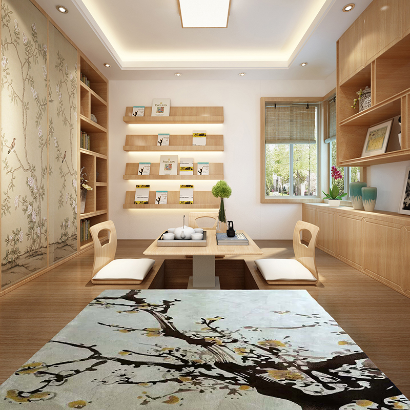 Tapis japonais fleurs de ceriser sur fond beige dans une salle de séjour zen, fabrication sur mesure en laine haute qualité tufté à la main.