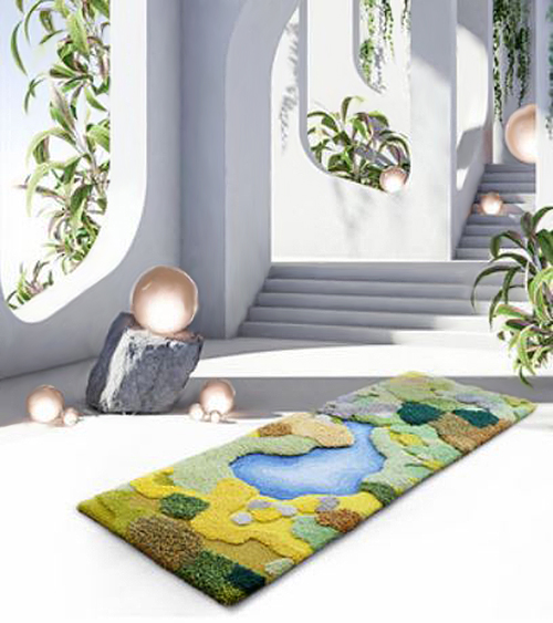 vente achat tapis de collection design 3d en laine de Nouvelle-Zélande fait à la main format sur mesure velours sculpté avec différentes hauteurs motif paysage nature d'automne lac bleu mousse vert lichen marron sous bois jaune orangé