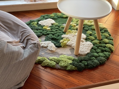 acheter tapis rond épais petit format personnalisé pour salon chambre motif pelouse verte mousse jaune-vert lichens blancs, velours sculpté en relief.