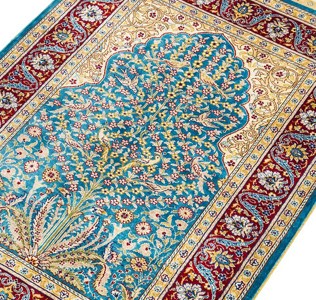 Tapis de luxe motif oriental soie naturelle noué à la main petit format 60x90cm,tapis de prière petites fleurs et oiseaux en soie supérieure fait à la main.