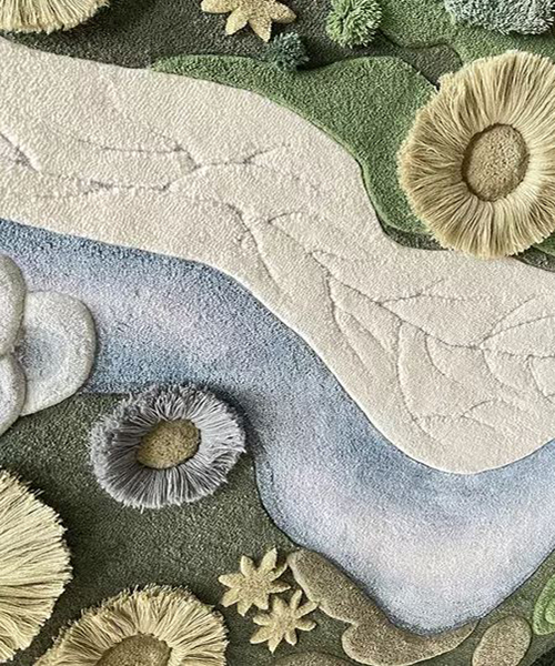 Tapis 3D champignon en relief tuftting à la main surface sculptée en différentes hauteurs, pièce de décoration sur mesure.