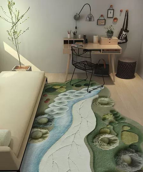 Tapis 3D salle de séjour en laine de Nouvelle-Zélande fait à la main, champignon et mousse dans la forêt, rivière bleue, lichen blanc.
