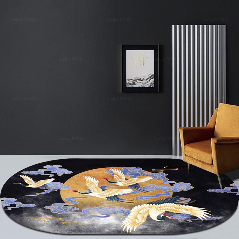 tapis japonais classique format rectangle arrondi pour salon et séjour, oiseau traditionnel les grues en pleine lune avec nuages bleu doré, fond noir.