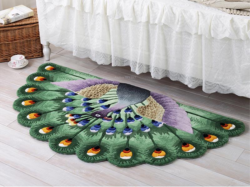 Tapis en laine motif paon vert design unique forme demi-cercle pour chambre descente de lit et l'entrée.