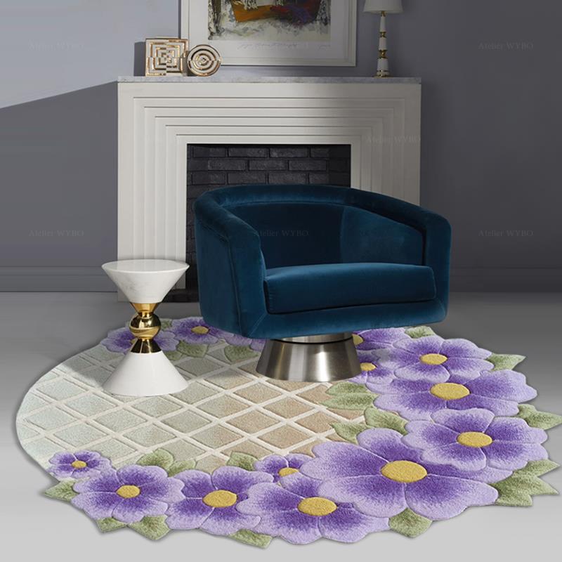 tapis rond couleur douce fleurs mauve-violet sur carreaux, pièce de décoration chic et élégante pour décorer et relooker votre salon, séjour, chambre et bureau privé.