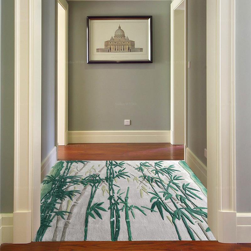 Tapis bambou fond gris clair format personnalisé fabrication sur mesure, habillage sol zen couleur douce pour couloir salon chambre bureau, laine de Nouvelle-Zélande fait à la main velours sculpté en relief.