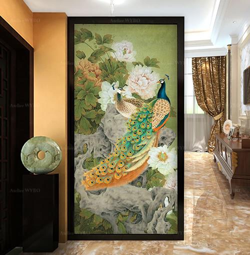 vente papier peint 3d bas relief Atelier WYBO fabrication sur mesure tapisserie murale style chinois matière haut de gamme en soie satinée un seul tenant impression 3d surface sculptée en relief paon bleu sur le rocher dans jardin de pivoine fond vert