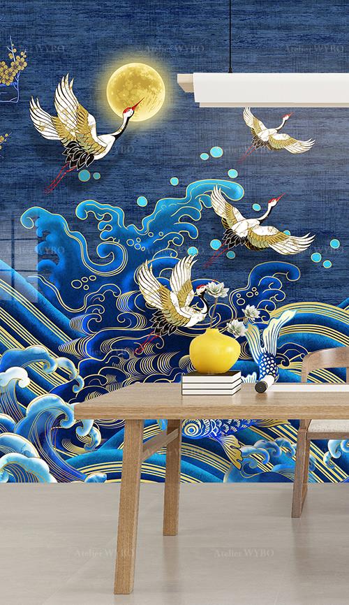 papier peint impression 3d en relief sur mesure grue du japon sur fond bleu nuit en pleine lune,tapisserie murale en soie personnalisée surface sculptée en bas relief oiseaux mythiques cerisier et carpe dans vagues dorées