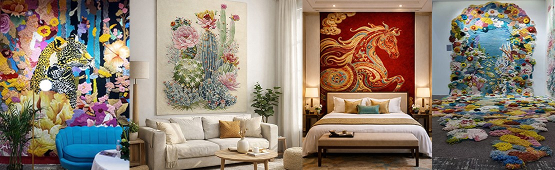 Tapis mural 3D en laine fait à la main velours en relief motif panthère cheval fond marin cactus