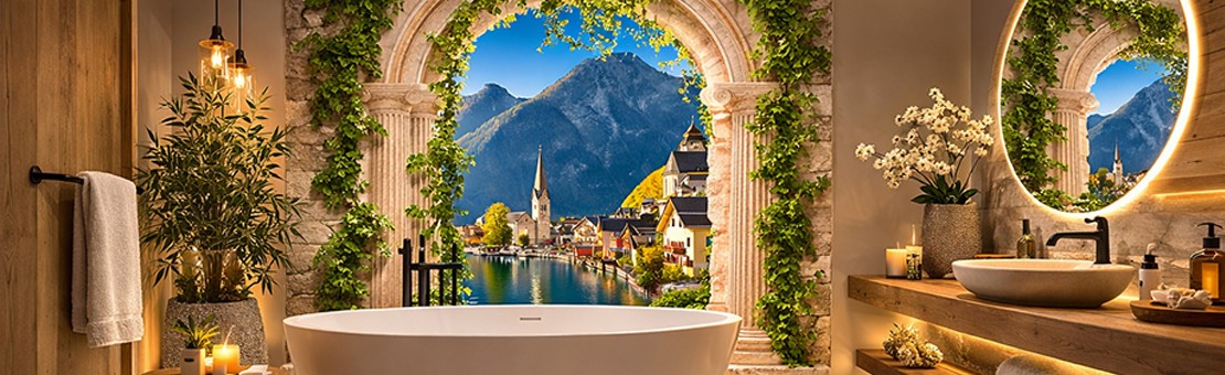 Décoration salle de bain de luxe avec un panneau décoratif paysage trompe l'oeil 3D